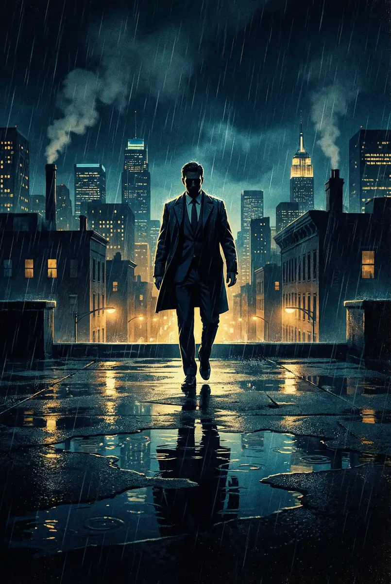 娜美被h 出品影片《雨夜独行者》海报，雨中城市屋顶男性剪影